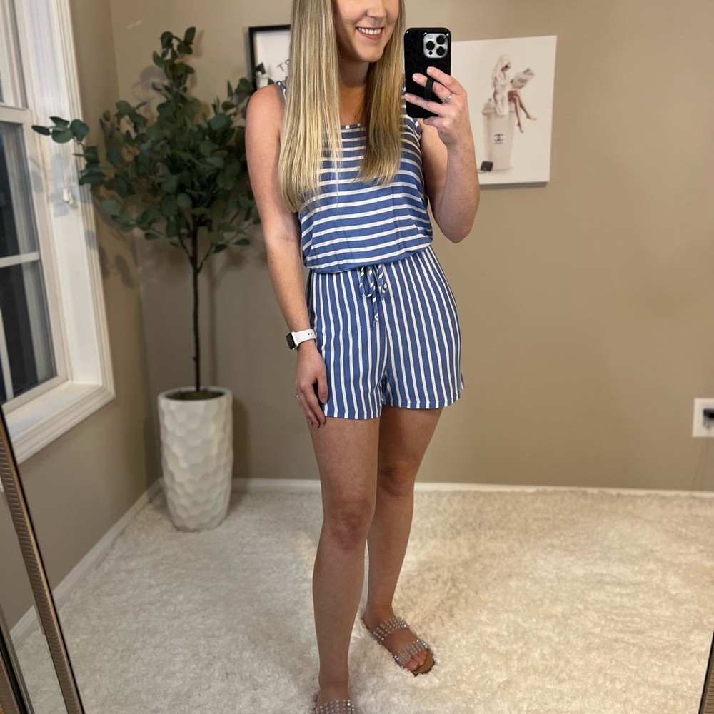 Blue and White Striped Romper